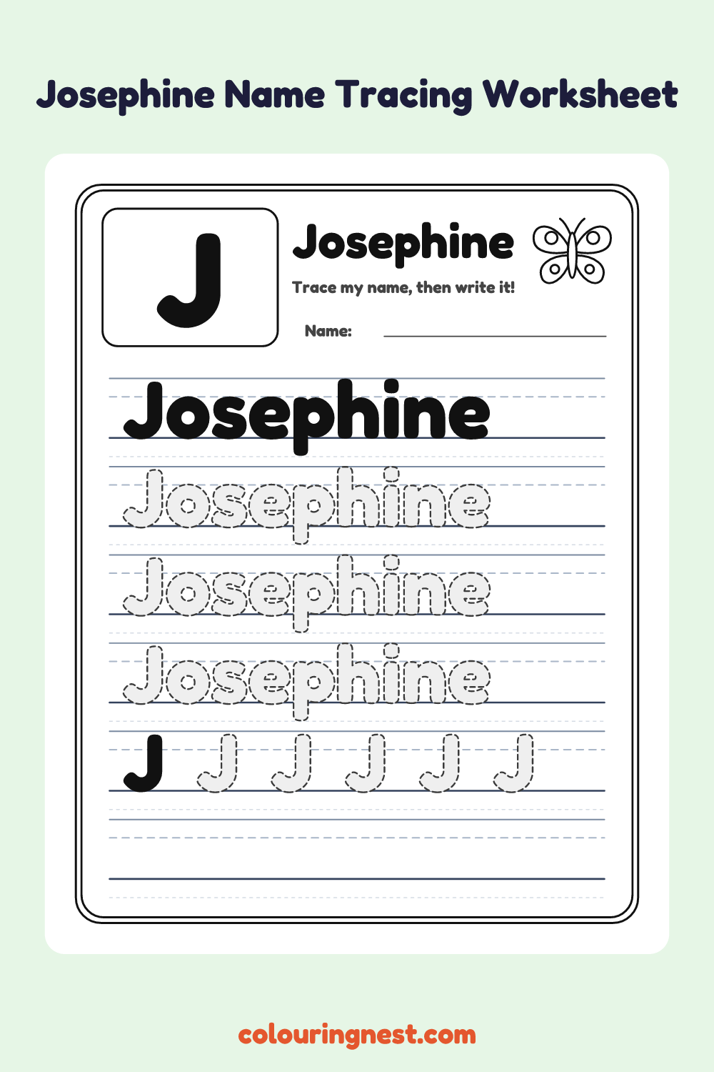Josephine Name Tracing Worksheet: free printable black-and-white line art