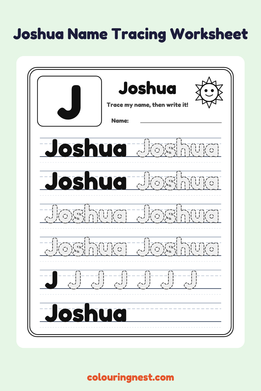 Joshua Name Tracing Worksheet: free printable black-and-white line art