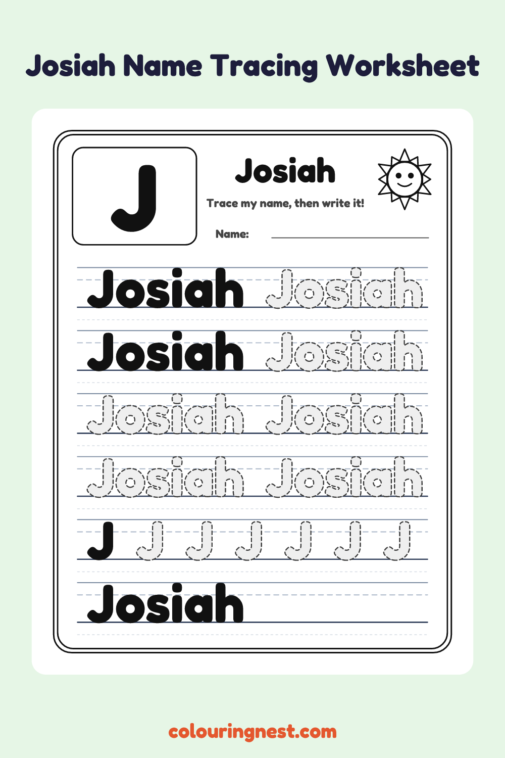 Josiah Name Tracing Worksheet: free printable black-and-white line art