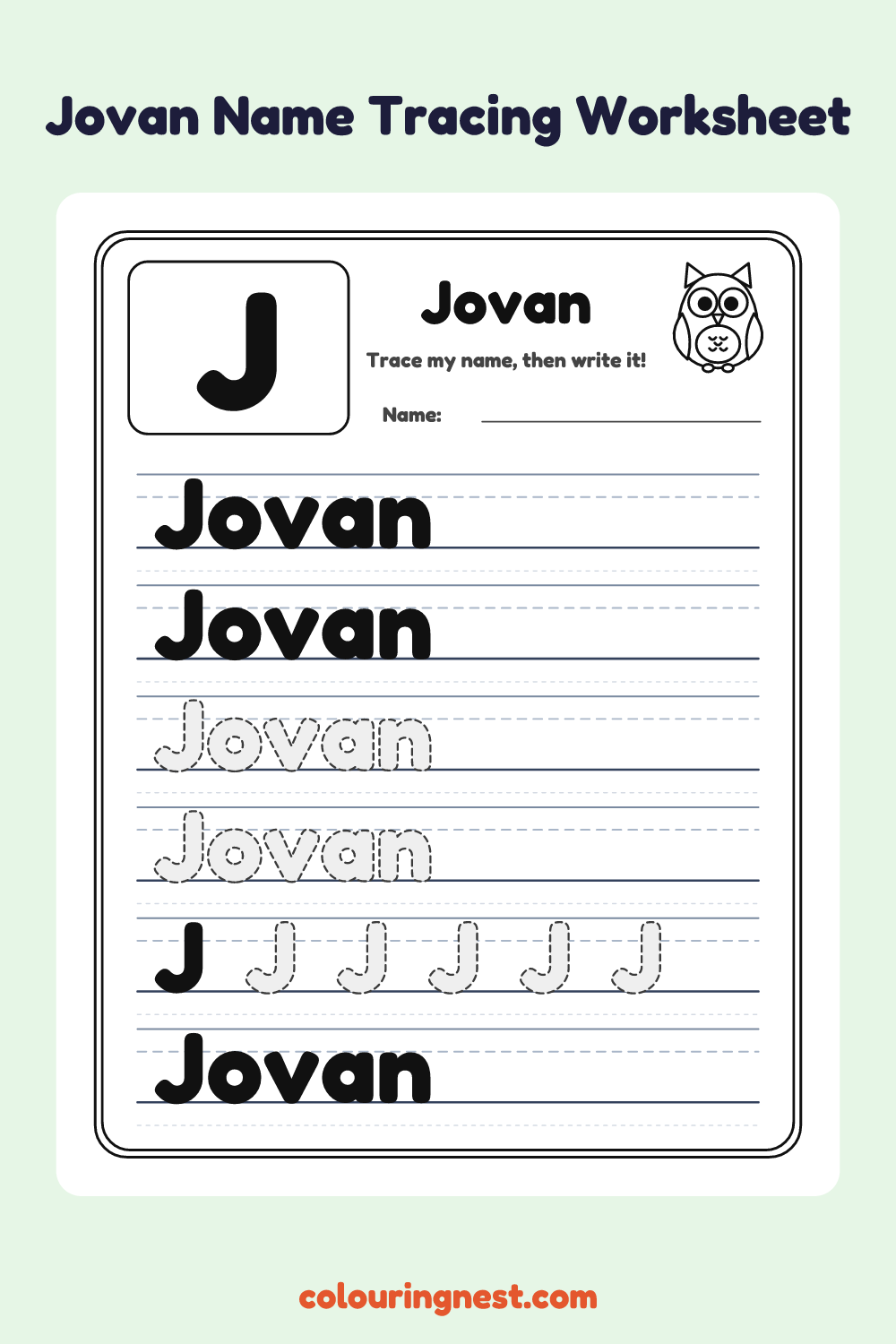 Jovan Name Tracing Worksheet: free printable black-and-white line art