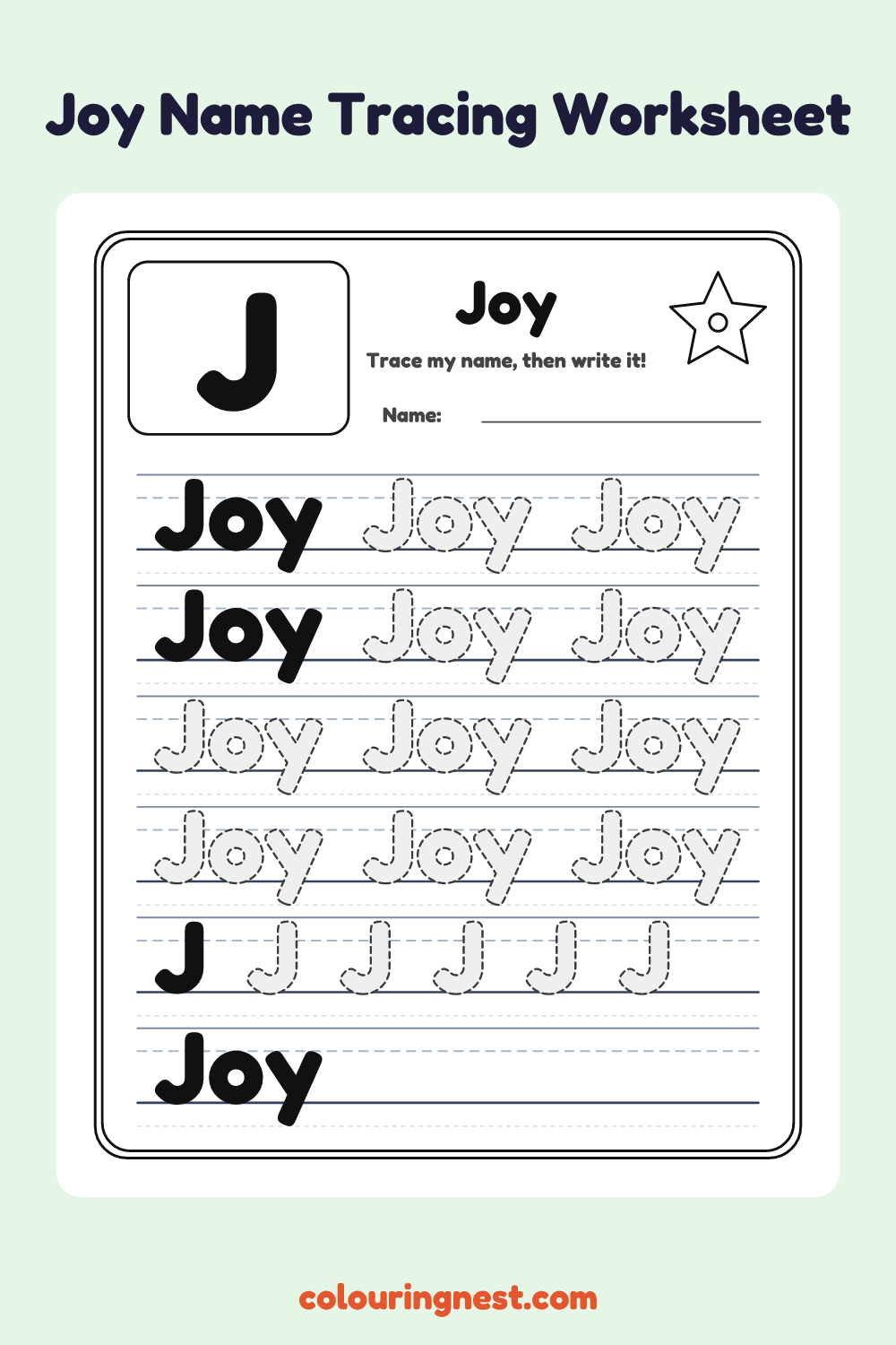 Joy Name Tracing Worksheet: free printable black-and-white line art