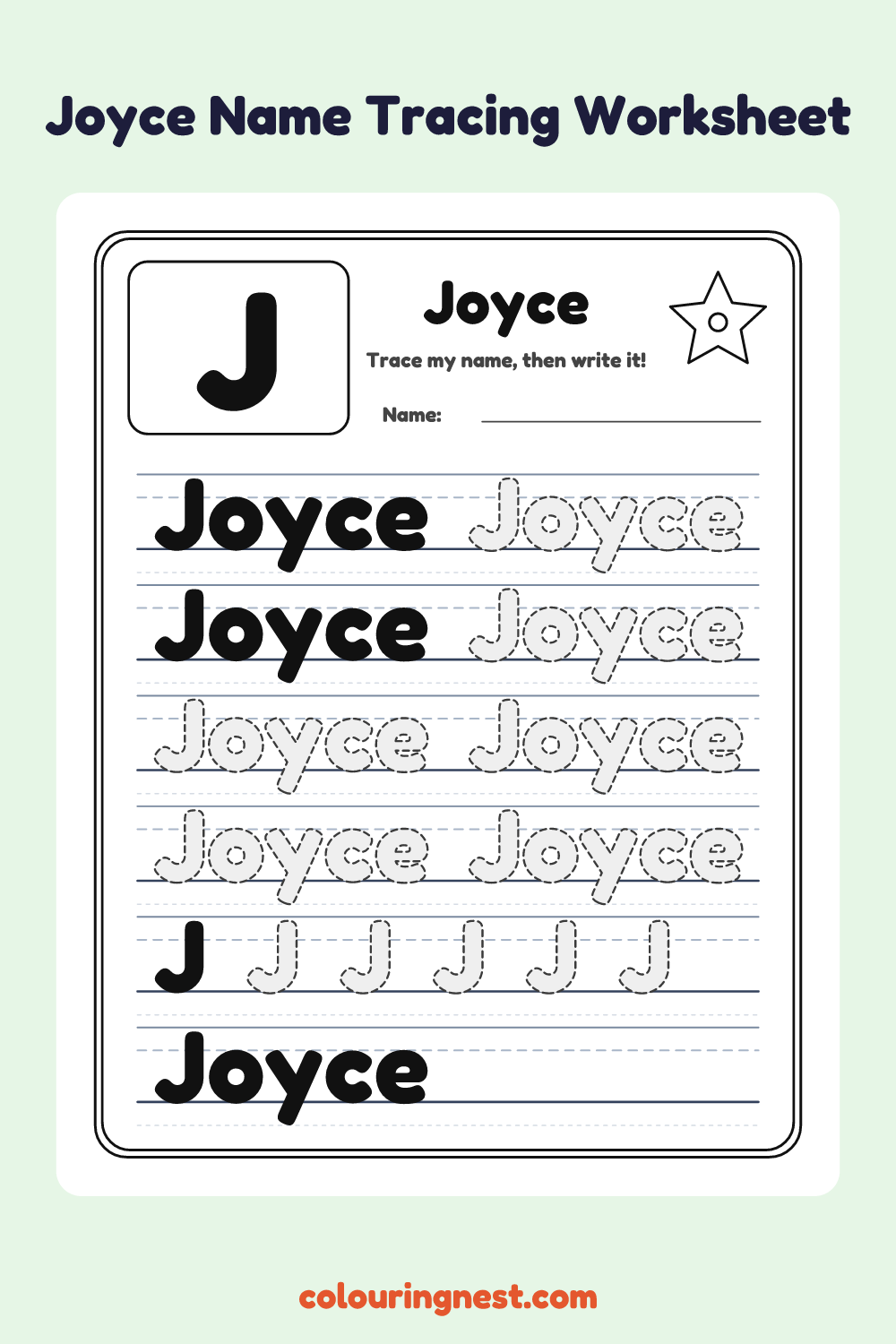 Joyce Name Tracing Worksheet: free printable black-and-white line art