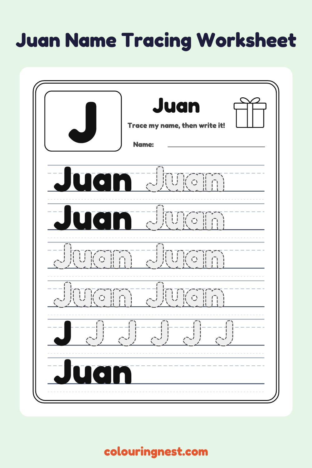 Juan Name Tracing Worksheet: free printable black-and-white line art