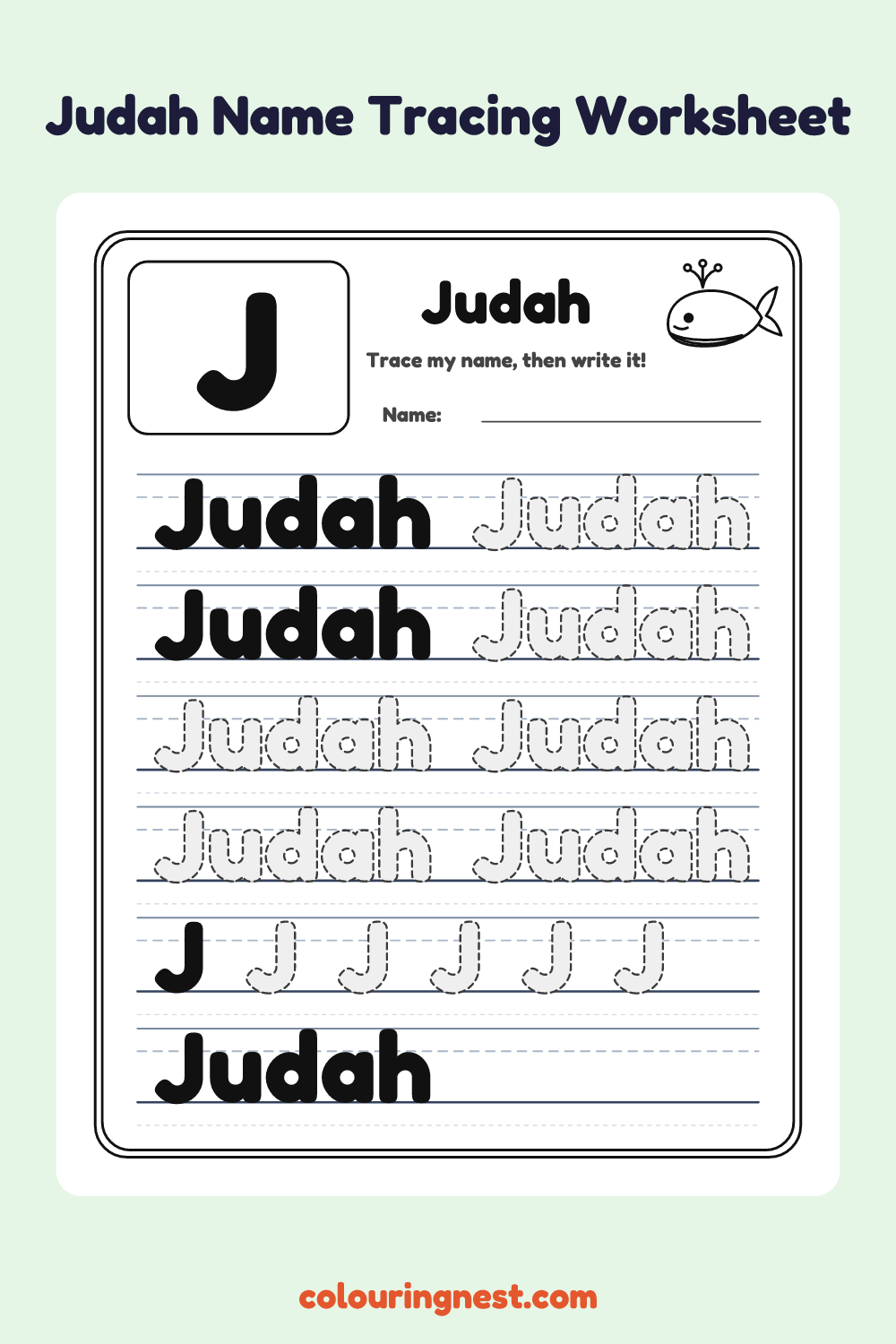 Judah Name Tracing Worksheet: free printable black-and-white line art