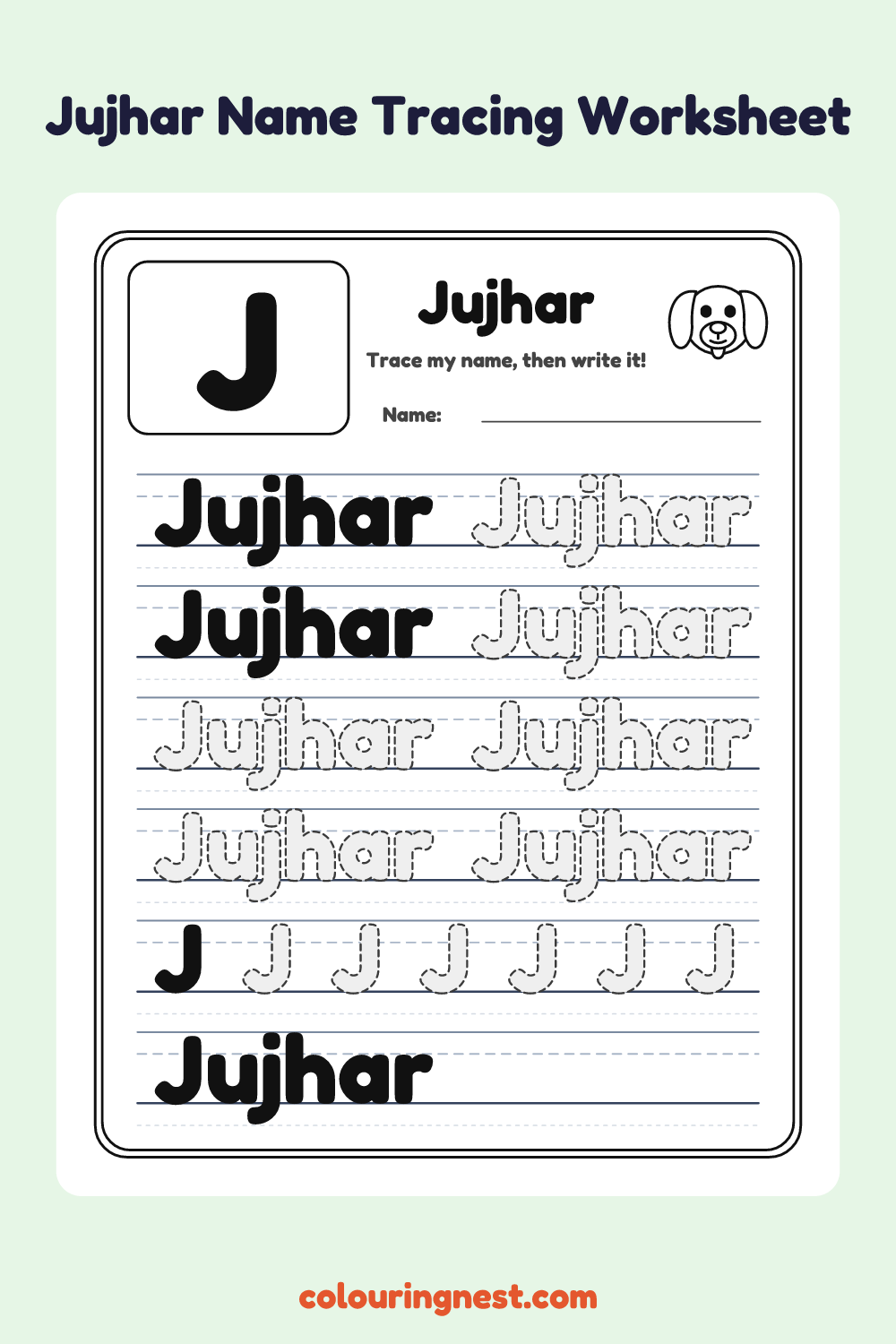 Jujhar Name Tracing Worksheet: free printable black-and-white line art