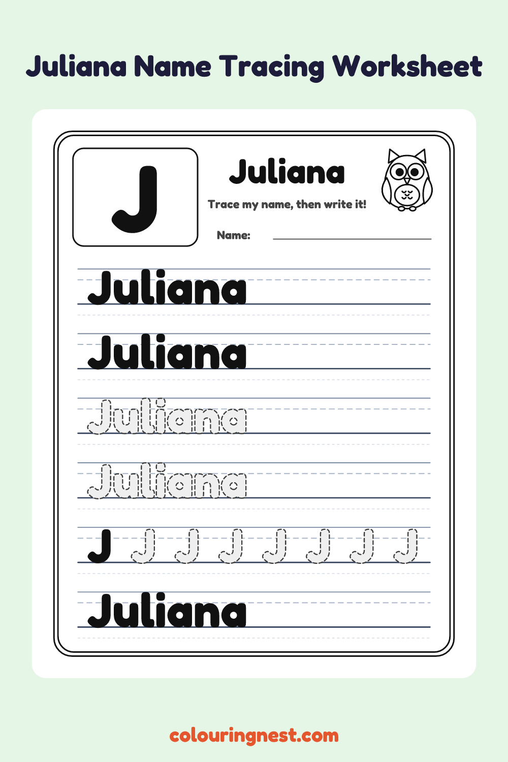 Juliana Name Tracing Worksheet: free printable black-and-white line art