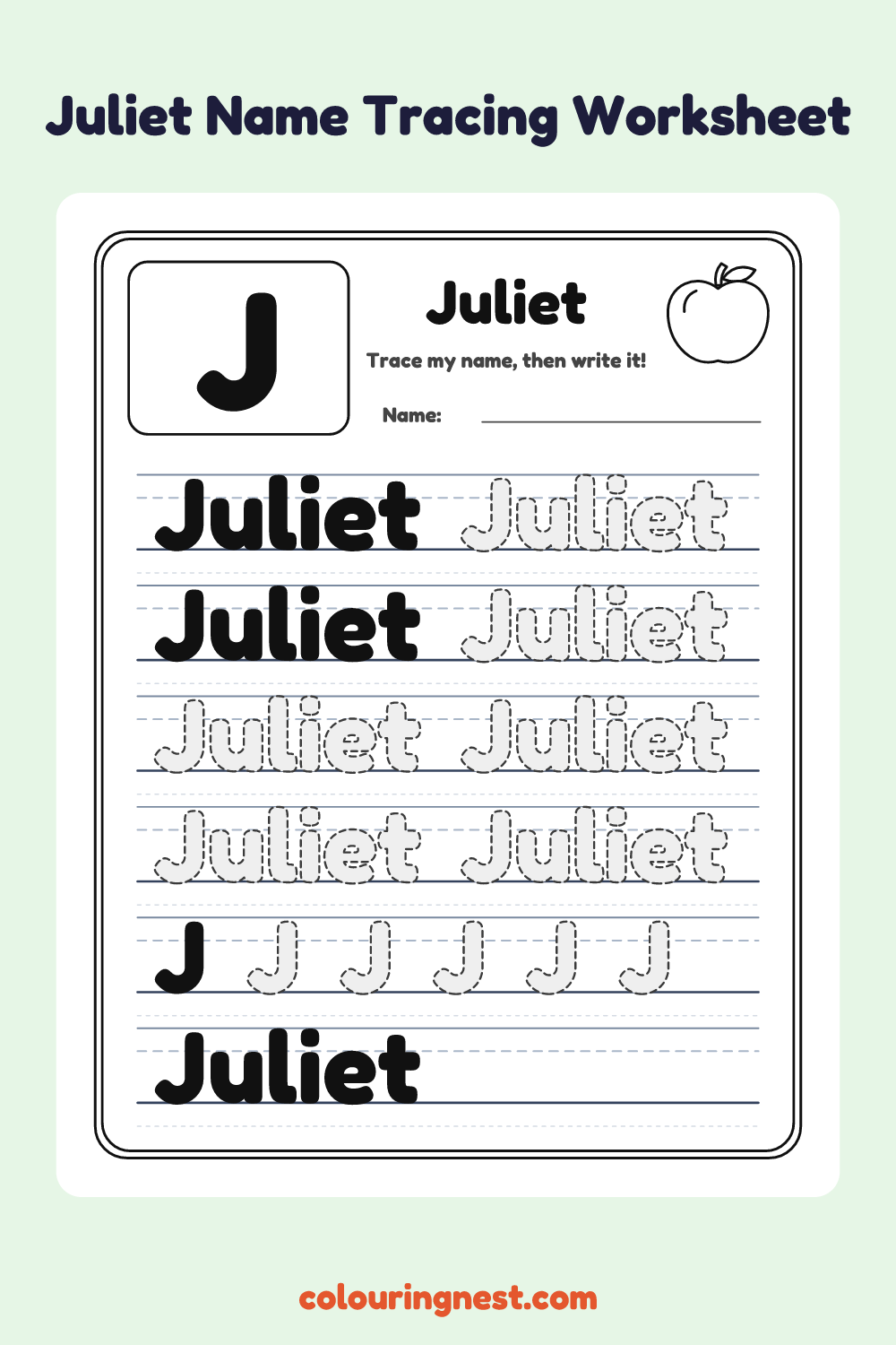 Juliet Name Tracing Worksheet: free printable black-and-white line art
