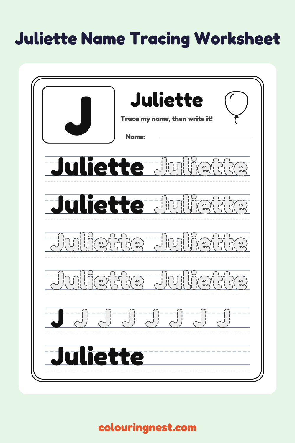 Juliette Name Tracing Worksheet: free printable black-and-white line art