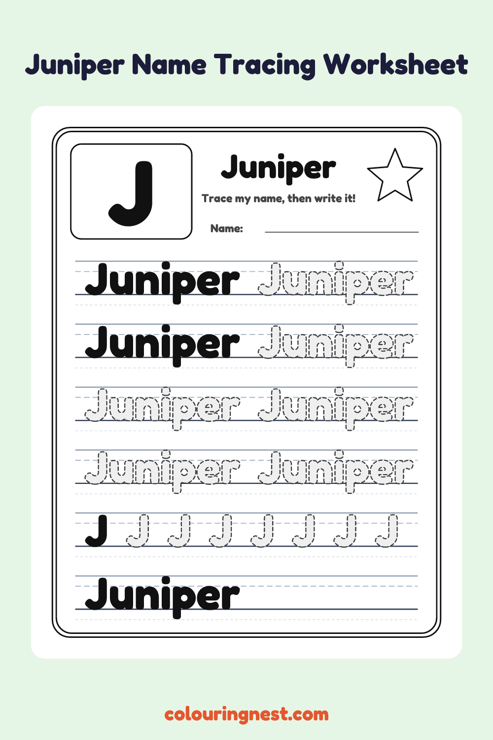 Juniper Name Tracing Worksheet: free printable black-and-white line art