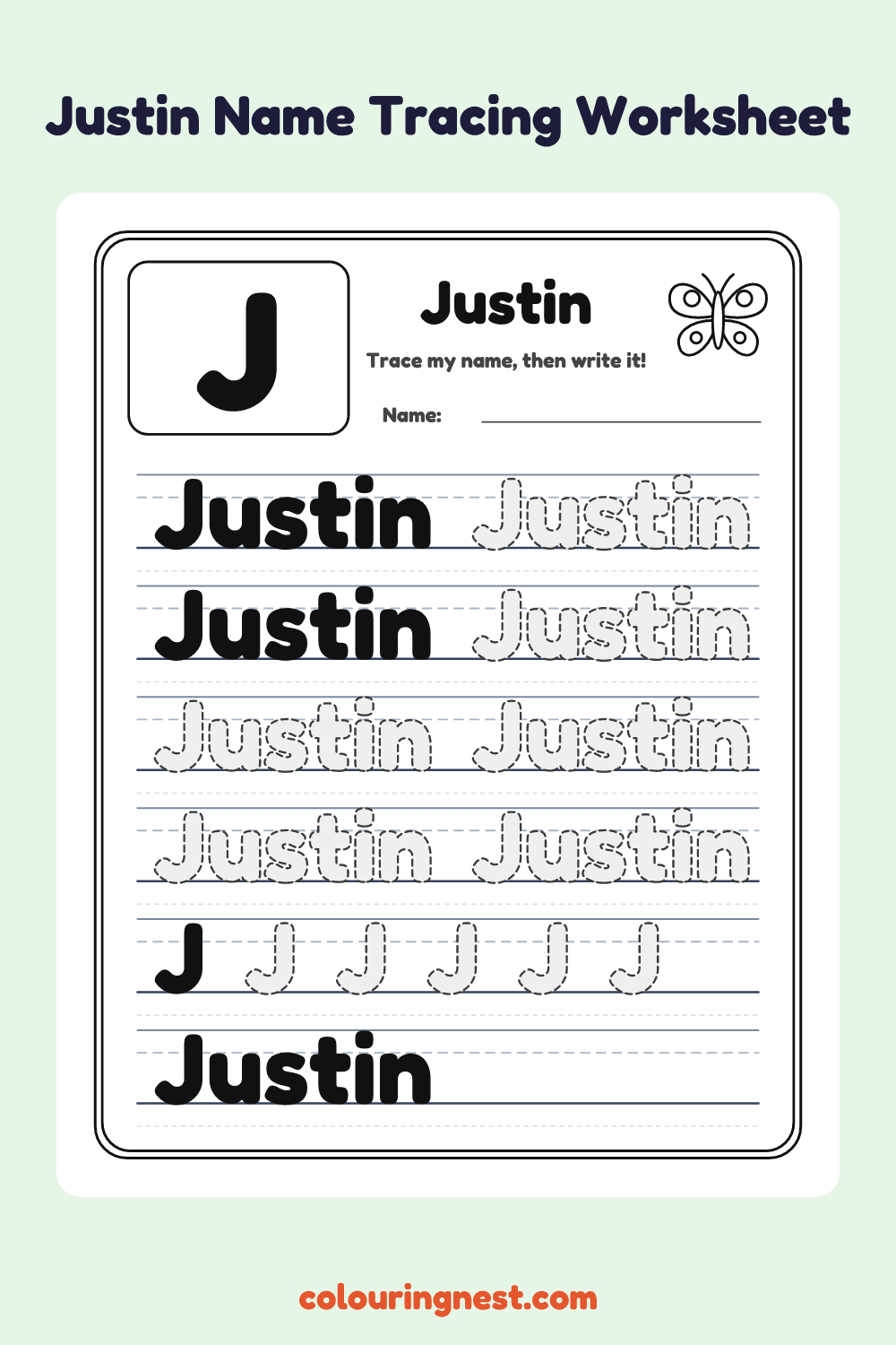 Justin Name Tracing Worksheet: free printable black-and-white line art