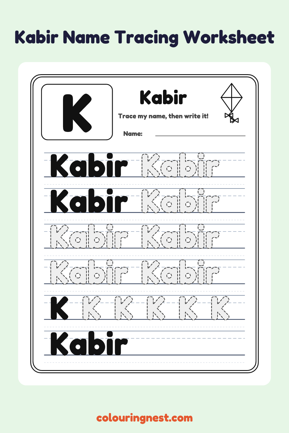 Kabir Name Tracing Worksheet: free printable black-and-white line art