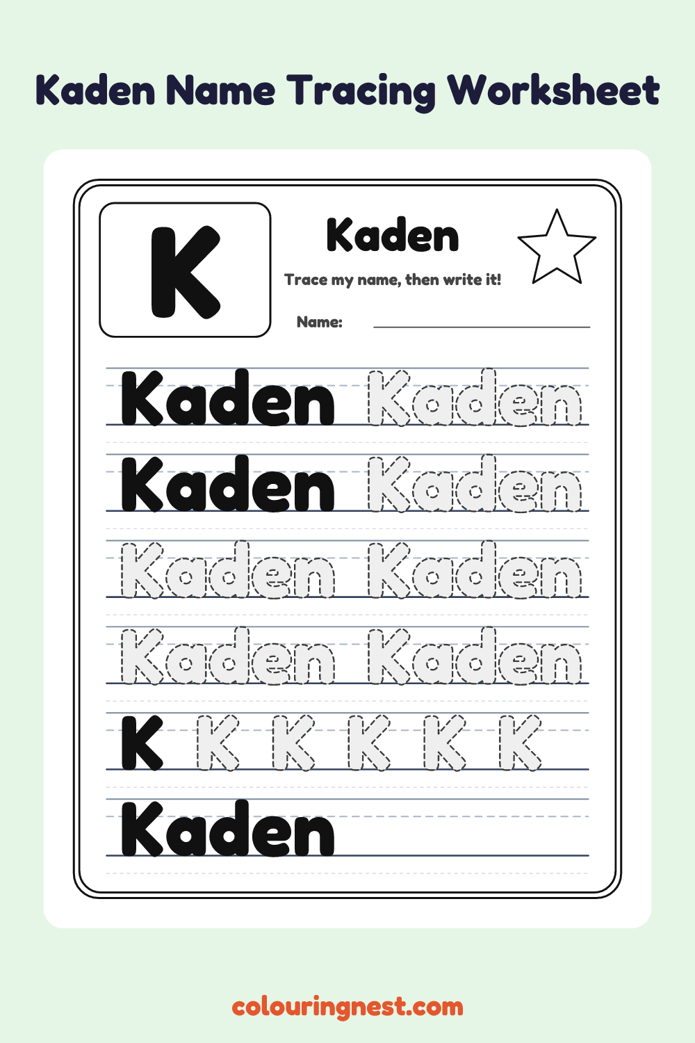 Kaden Name Tracing Worksheet: free printable black-and-white line art