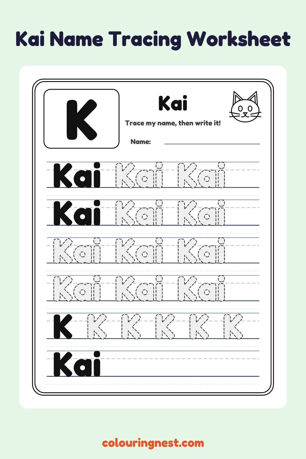 Kai Name Tracing Worksheet: free printable black-and-white line art