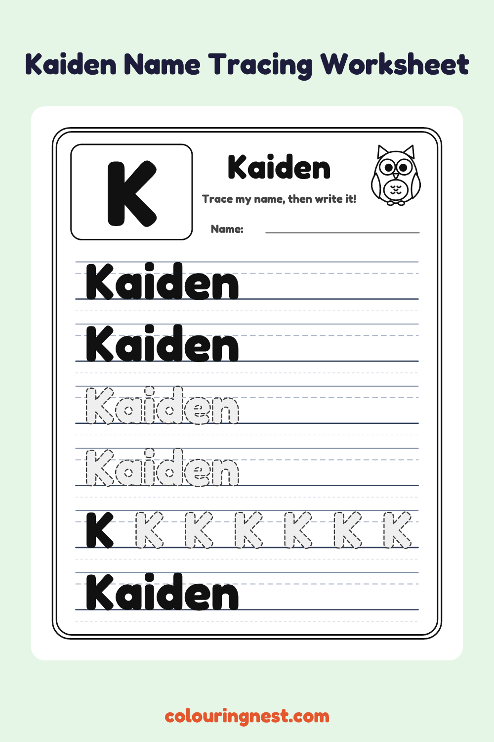 Kaiden Name Tracing Worksheet: free printable black-and-white line art