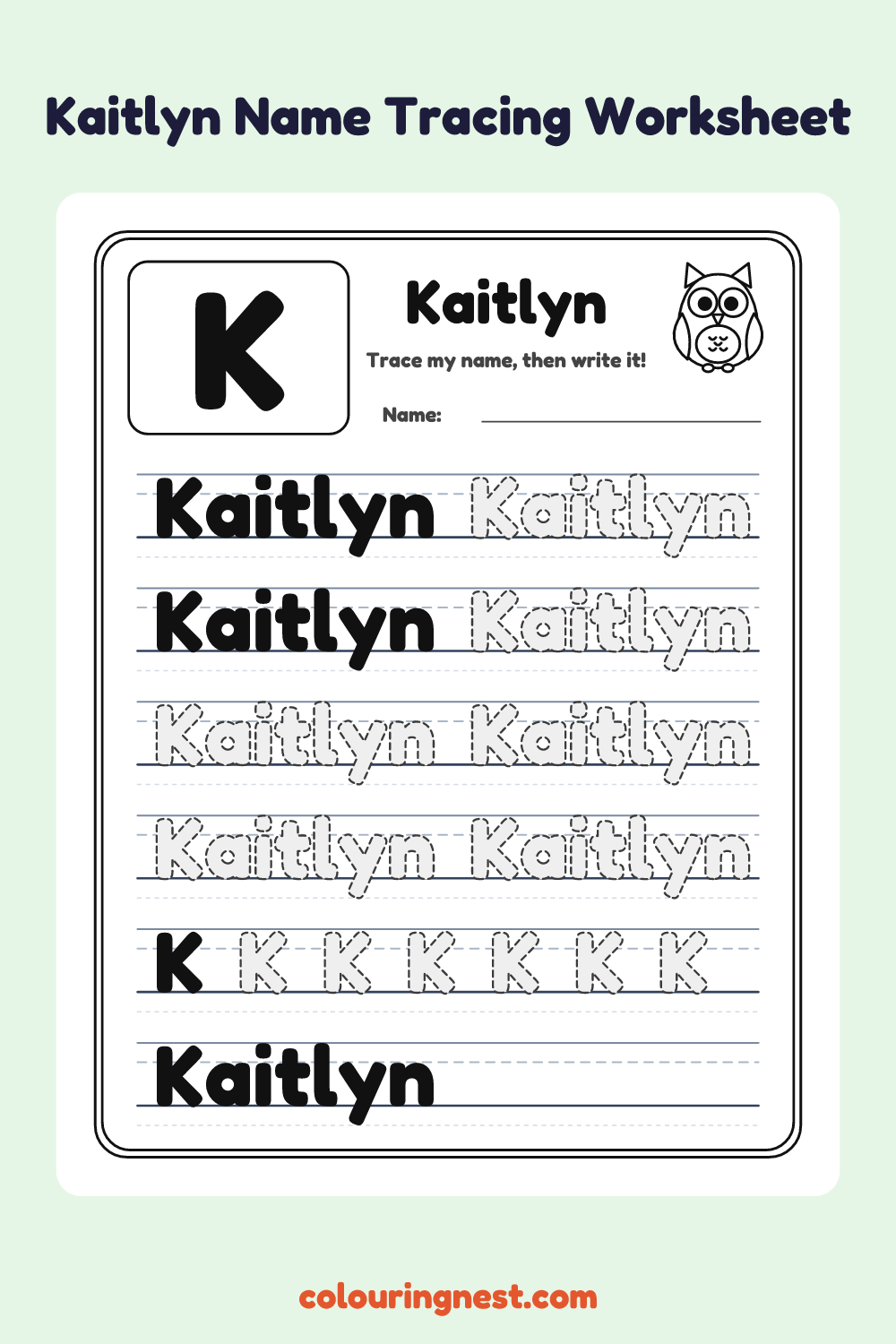 Kaitlyn Name Tracing Worksheet: free printable black-and-white line art