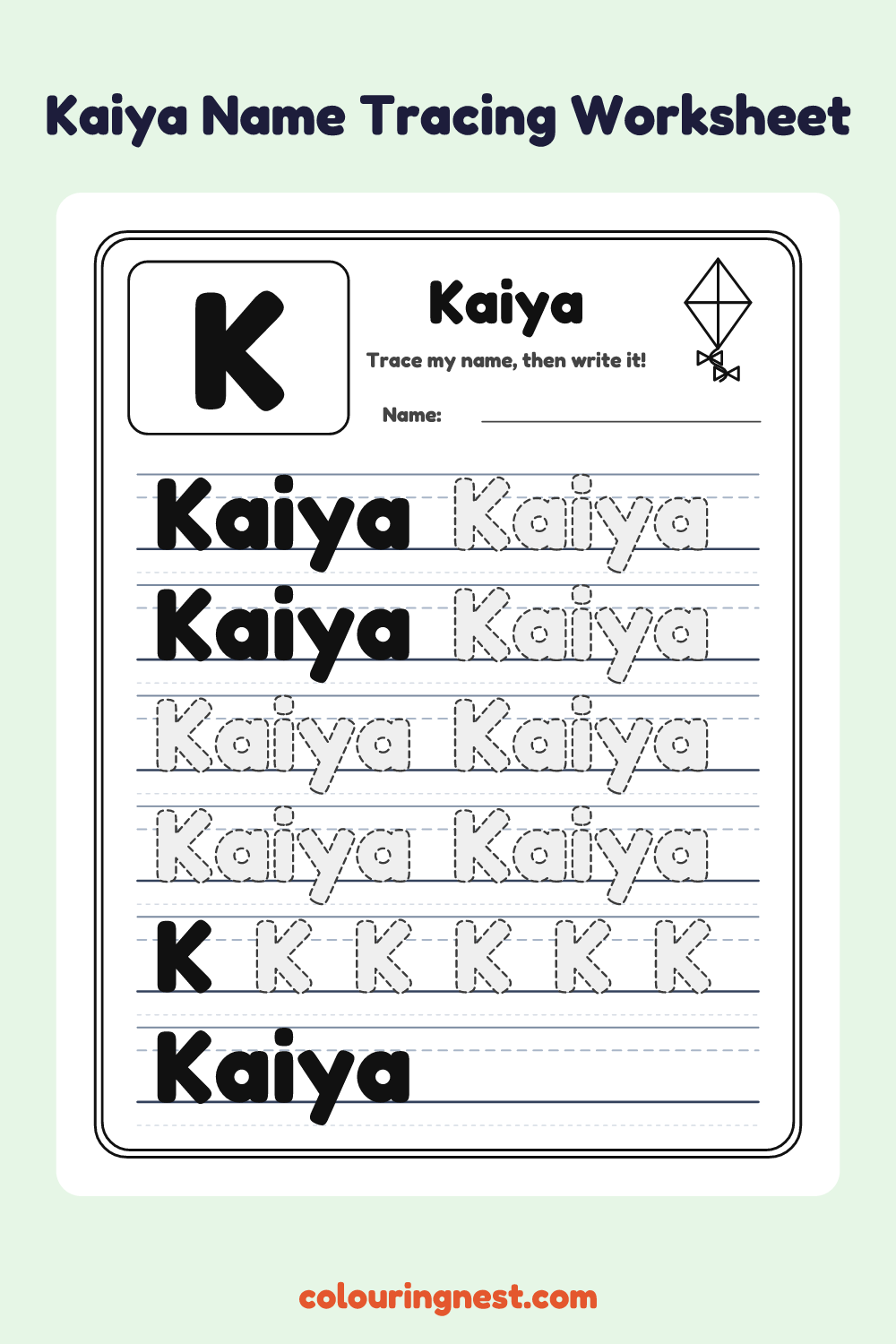 Kaiya Name Tracing Worksheet: free printable black-and-white line art