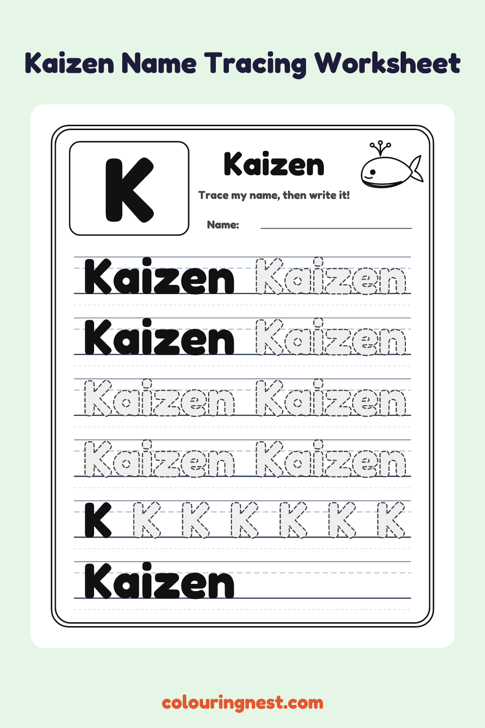 Kaizen Name Tracing Worksheet: free printable black-and-white line art