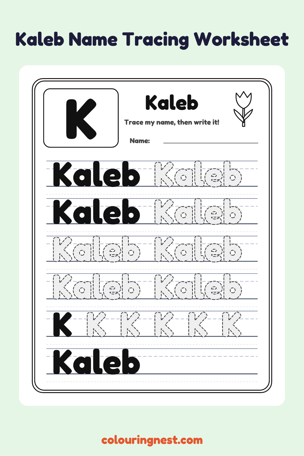 Kaleb Name Tracing Worksheet: free printable black-and-white line art