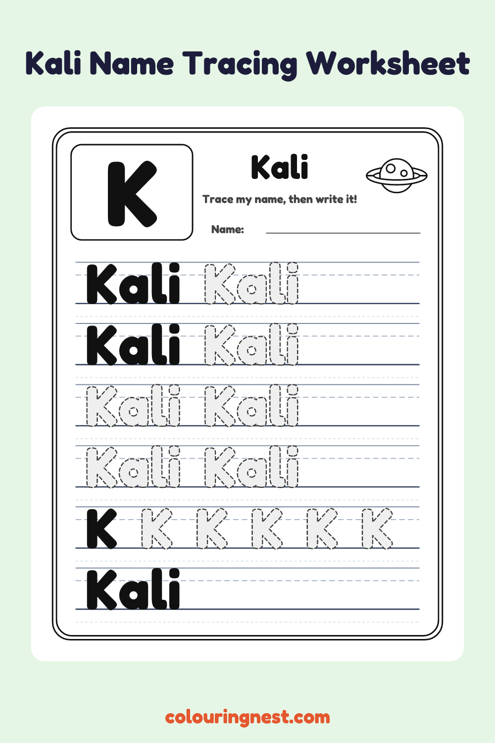 Kali Name Tracing Worksheet: free printable black-and-white line art