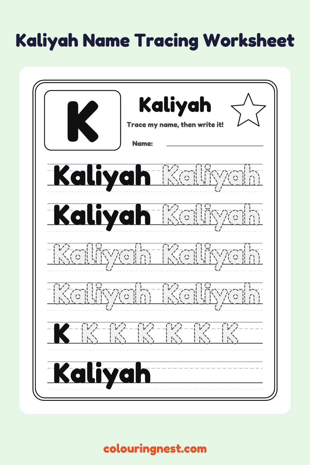 Kaliyah Name Tracing Worksheet: free printable black-and-white line art