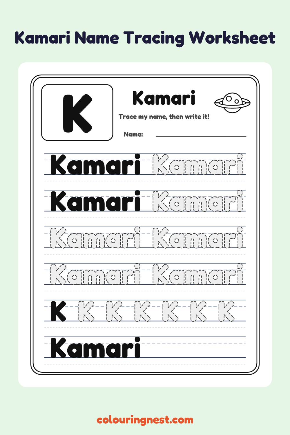 Kamari Name Tracing Worksheet: free printable black-and-white line art