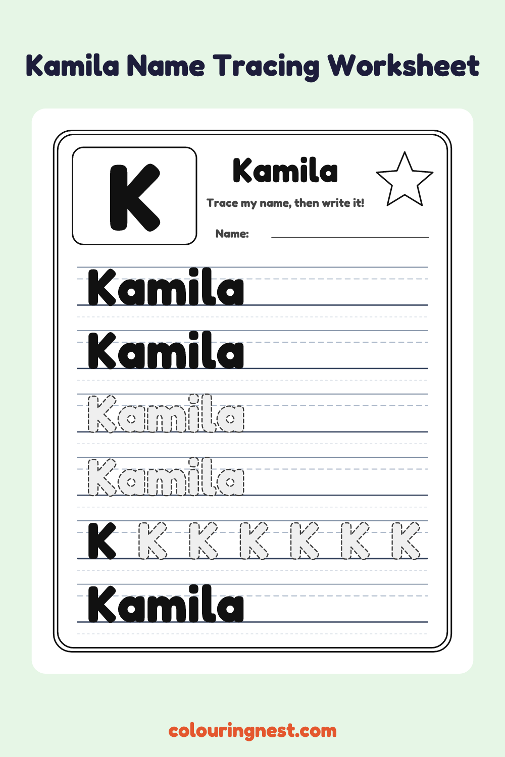 Kamila Name Tracing Worksheet: free printable black-and-white line art
