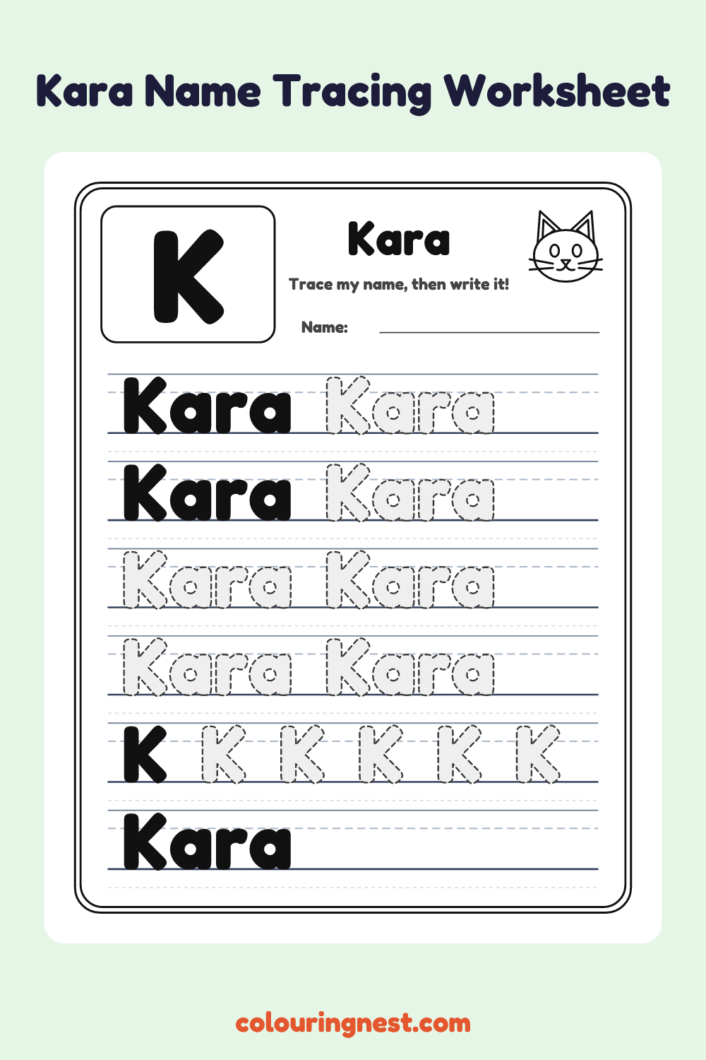 Kara Name Tracing Worksheet: free printable black-and-white line art