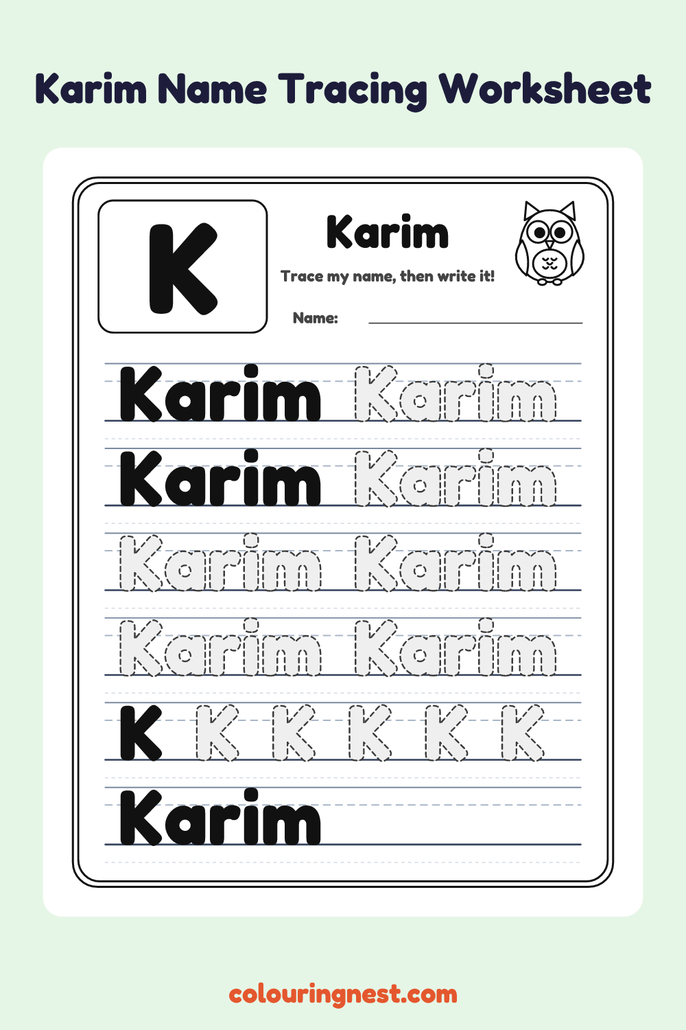 Karim Name Tracing Worksheet: free printable black-and-white line art