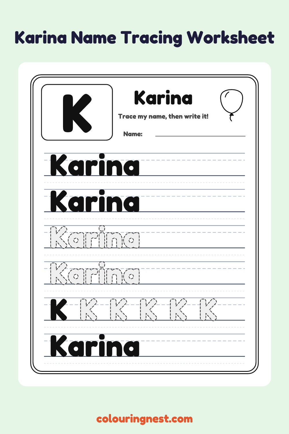 Karina Name Tracing Worksheet: free printable black-and-white line art