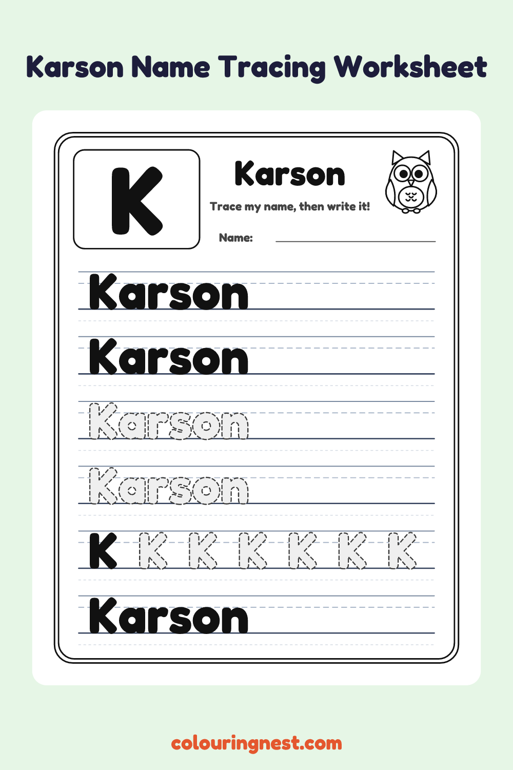 Karson Name Tracing Worksheet: free printable black-and-white line art