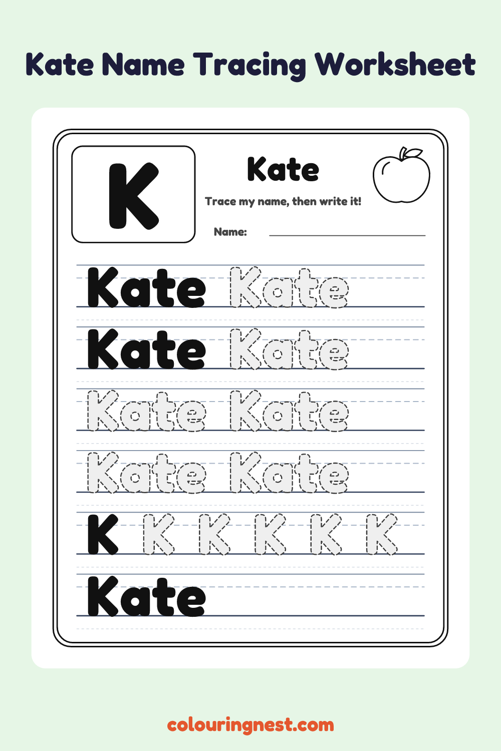 Kate Name Tracing Worksheet: free printable black-and-white line art