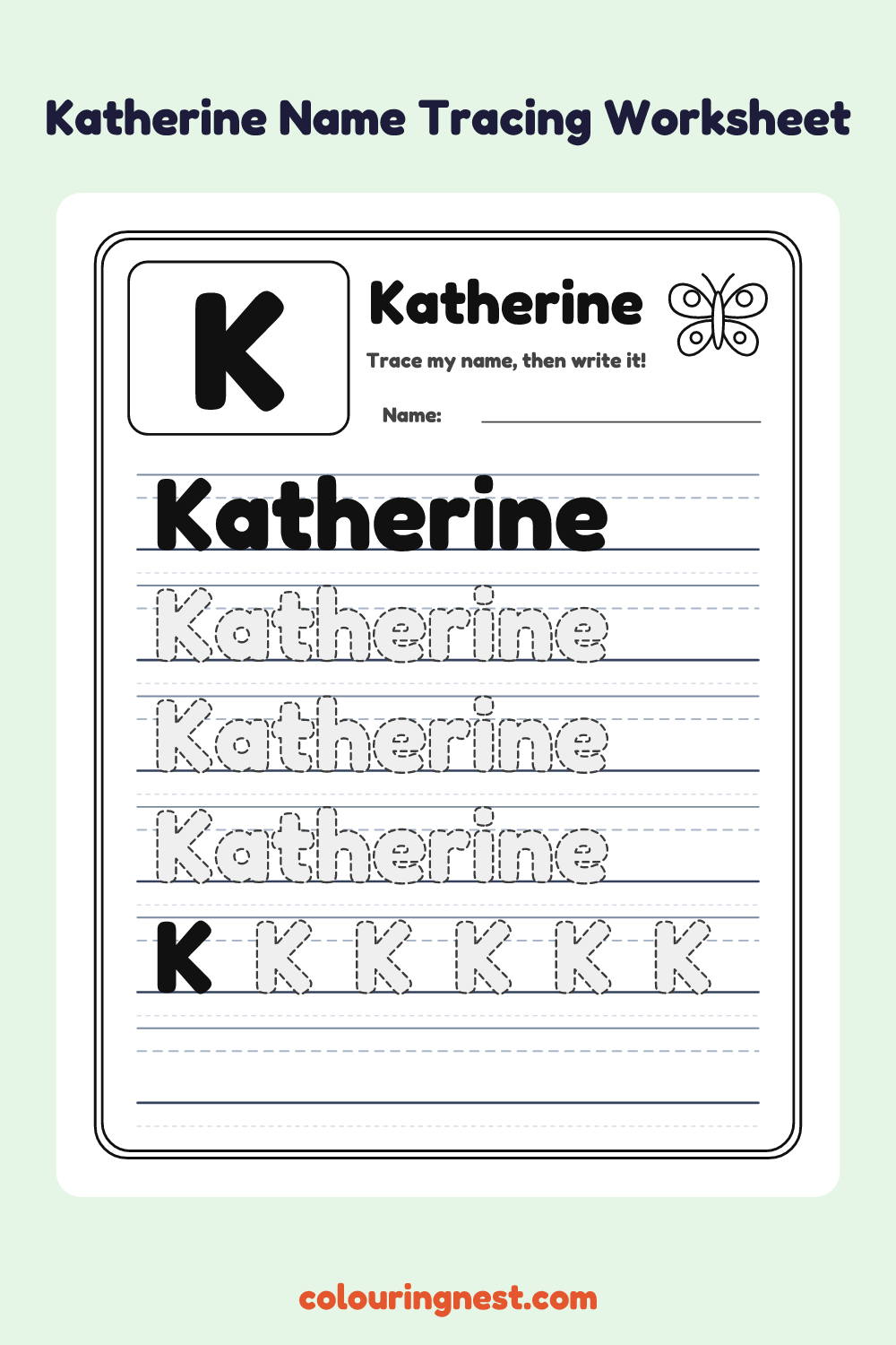 Katherine Name Tracing Worksheet: free printable black-and-white line art