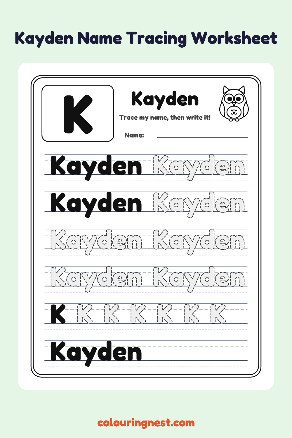 Kayden Name Tracing Worksheet: free printable black-and-white line art