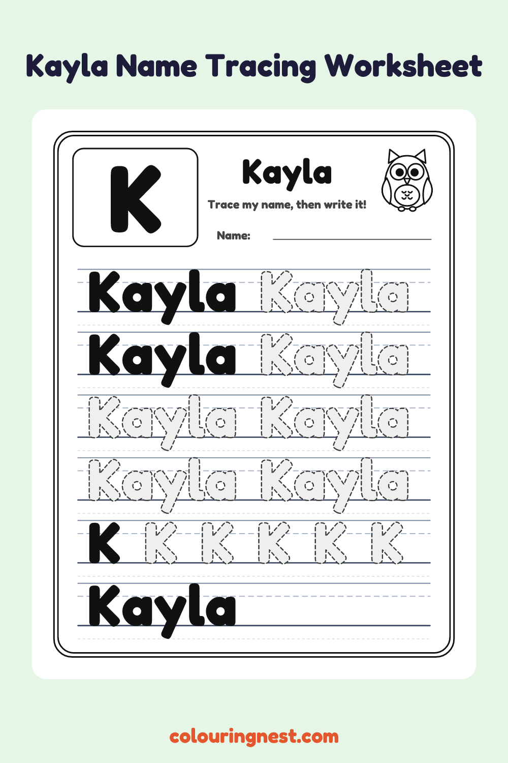 Kayla Name Tracing Worksheet: free printable black-and-white line art
