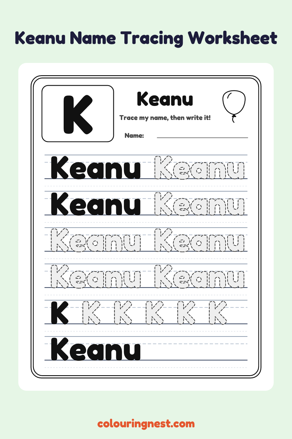 Keanu Name Tracing Worksheet: free printable black-and-white line art