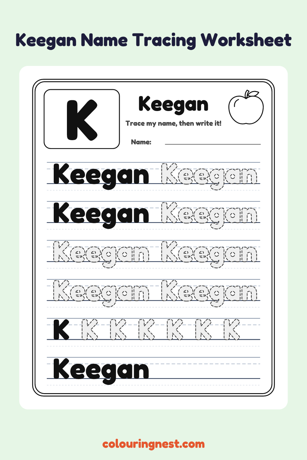 Keegan Name Tracing Worksheet: free printable black-and-white line art