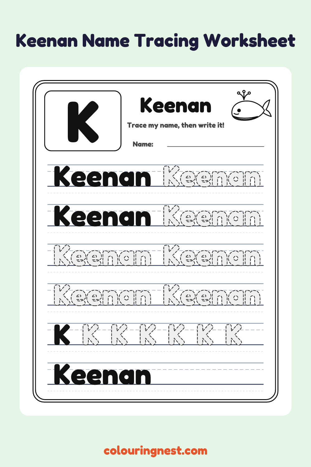 Keenan Name Tracing Worksheet: free printable black-and-white line art