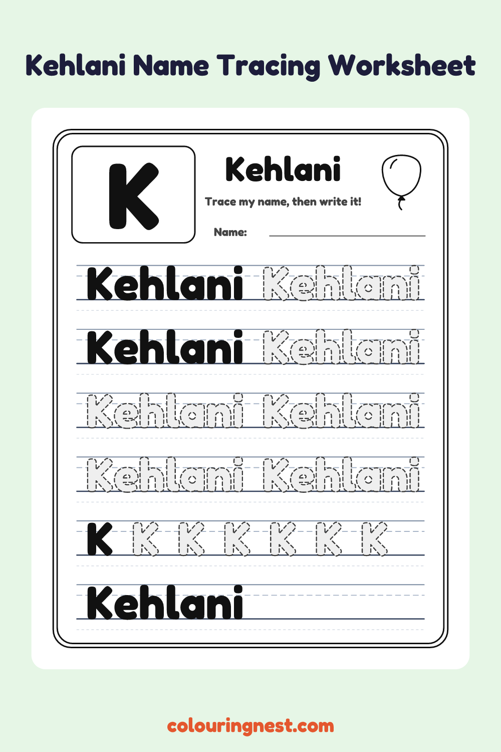 Kehlani Name Tracing Worksheet: free printable black-and-white line art