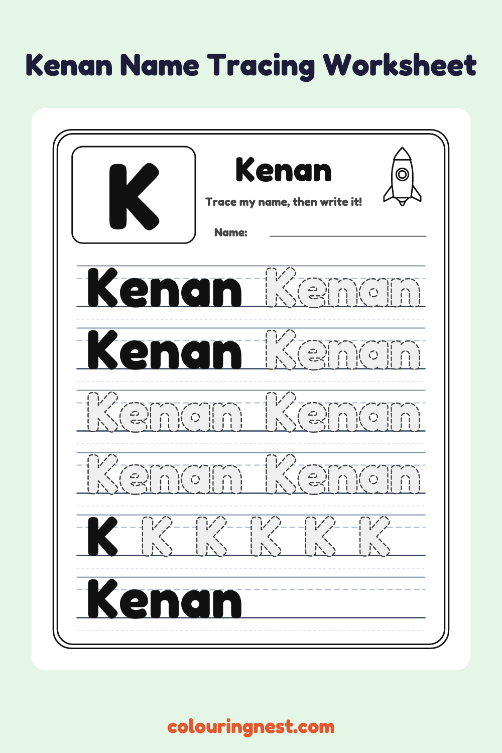 Kenan Name Tracing Worksheet: free printable black-and-white line art