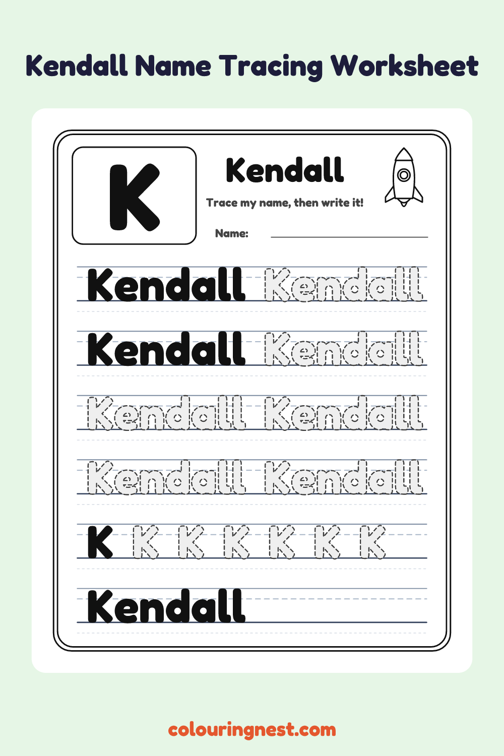 Kendall Name Tracing Worksheet: free printable black-and-white line art