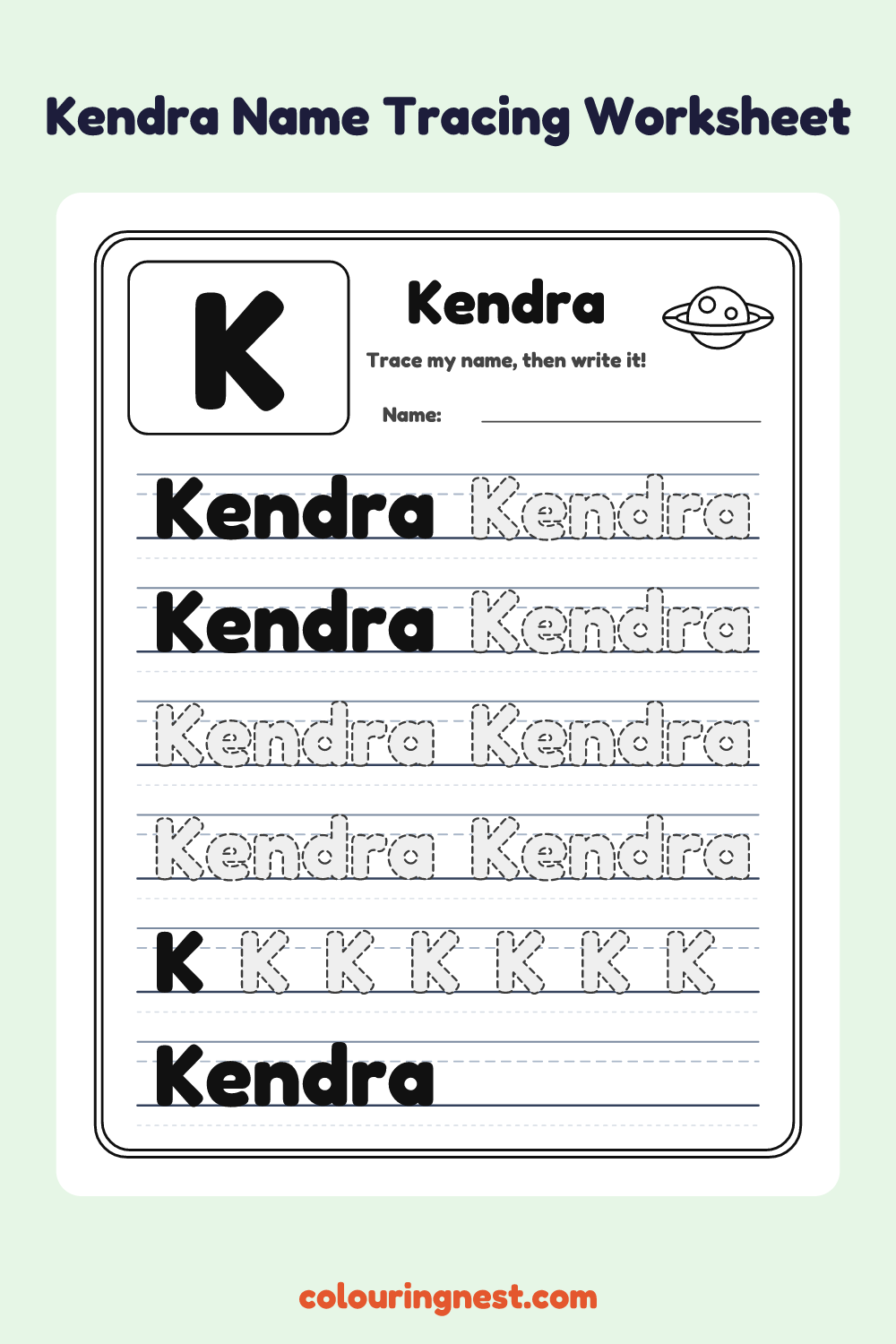 Kendra Name Tracing Worksheet: free printable black-and-white line art