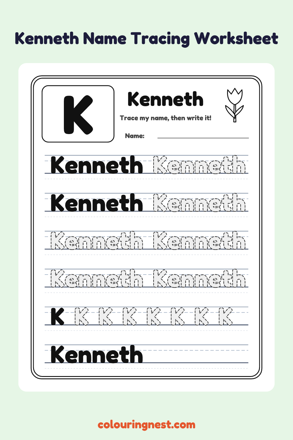 Kenneth Name Tracing Worksheet: free printable black-and-white line art