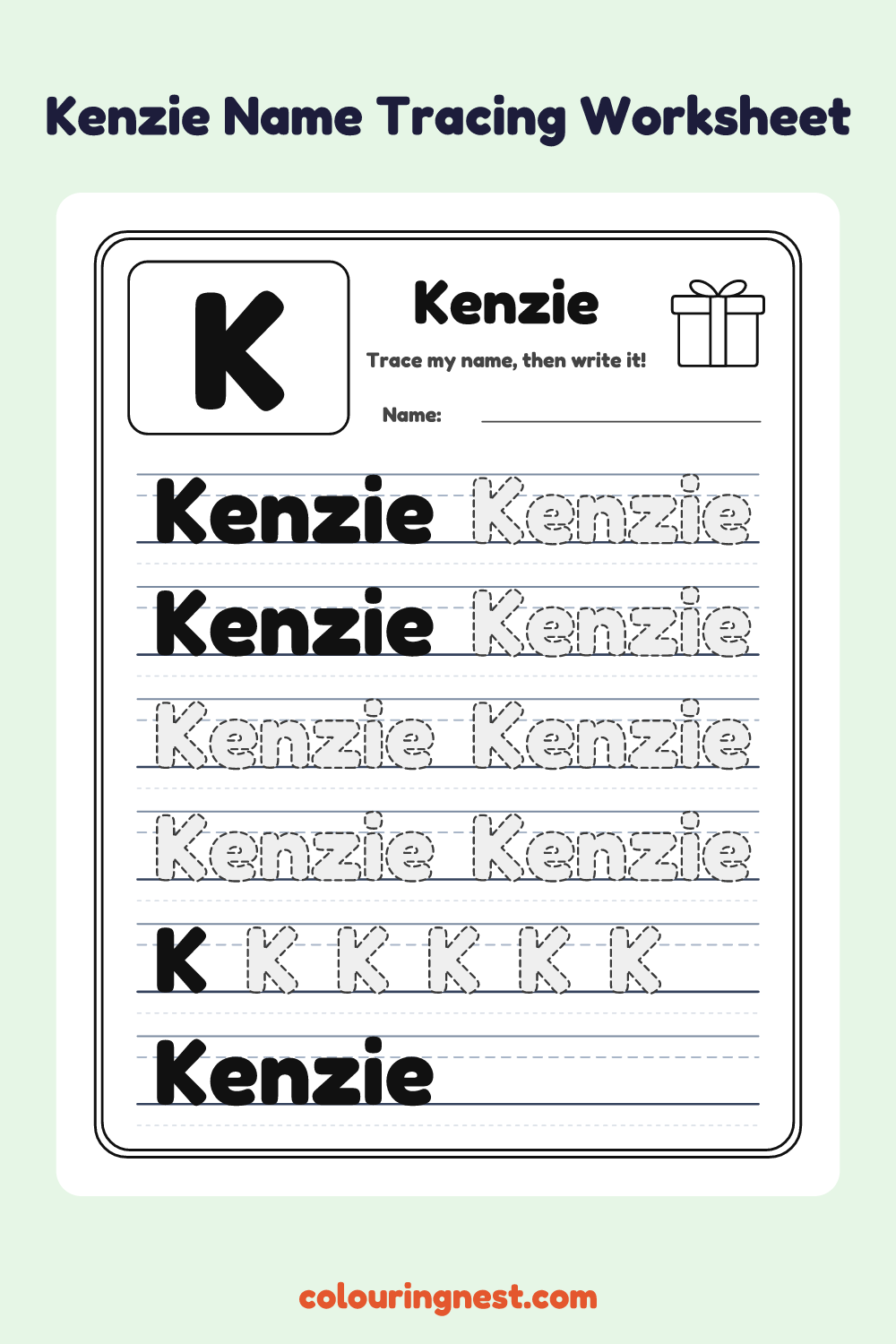 Kenzie Name Tracing Worksheet: free printable black-and-white line art