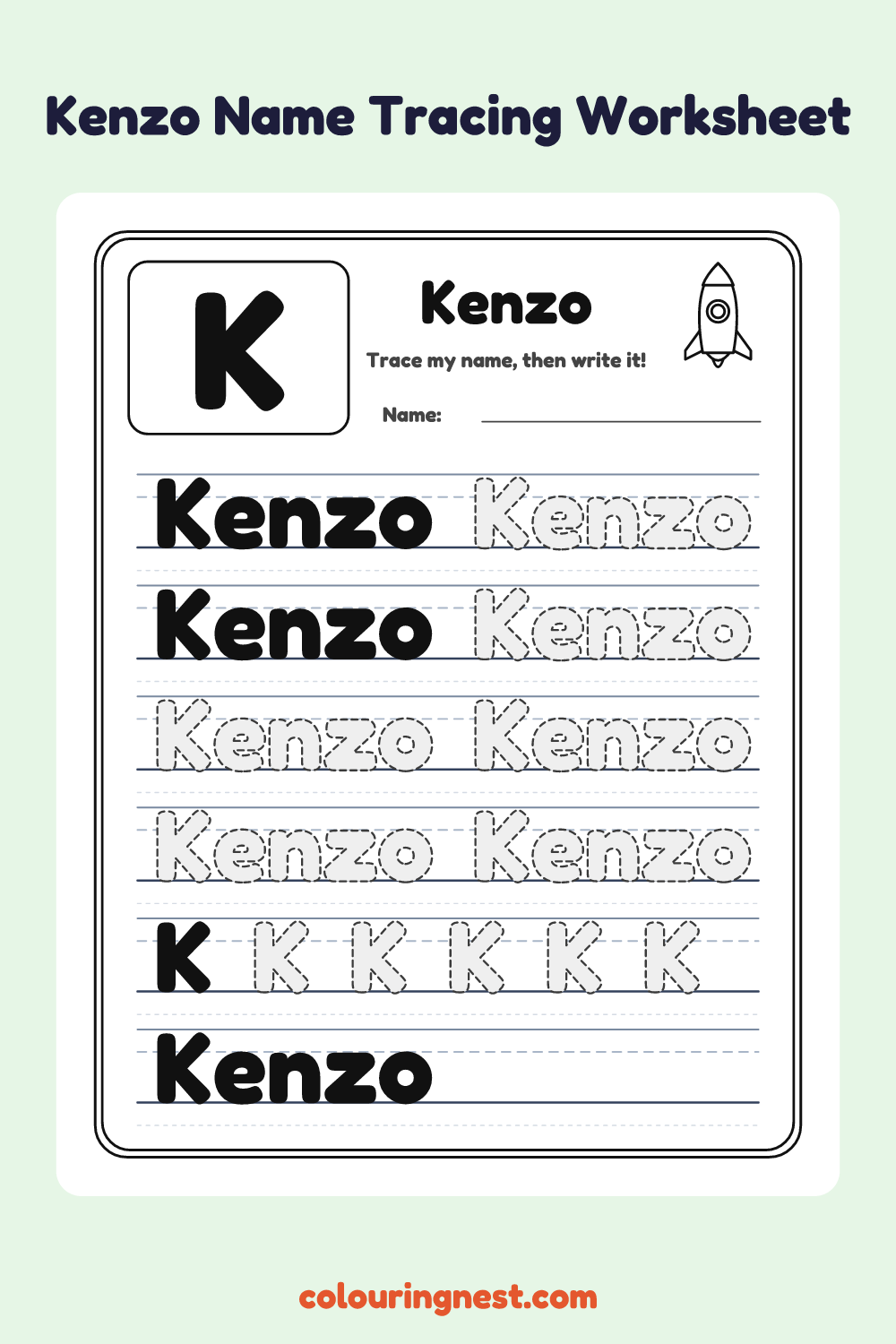 Kenzo Name Tracing Worksheet: free printable black-and-white line art