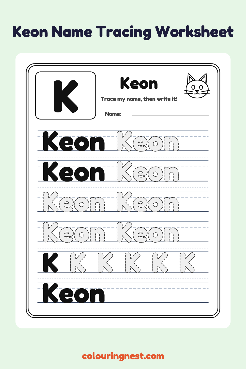 Keon Name Tracing Worksheet: free printable black-and-white line art