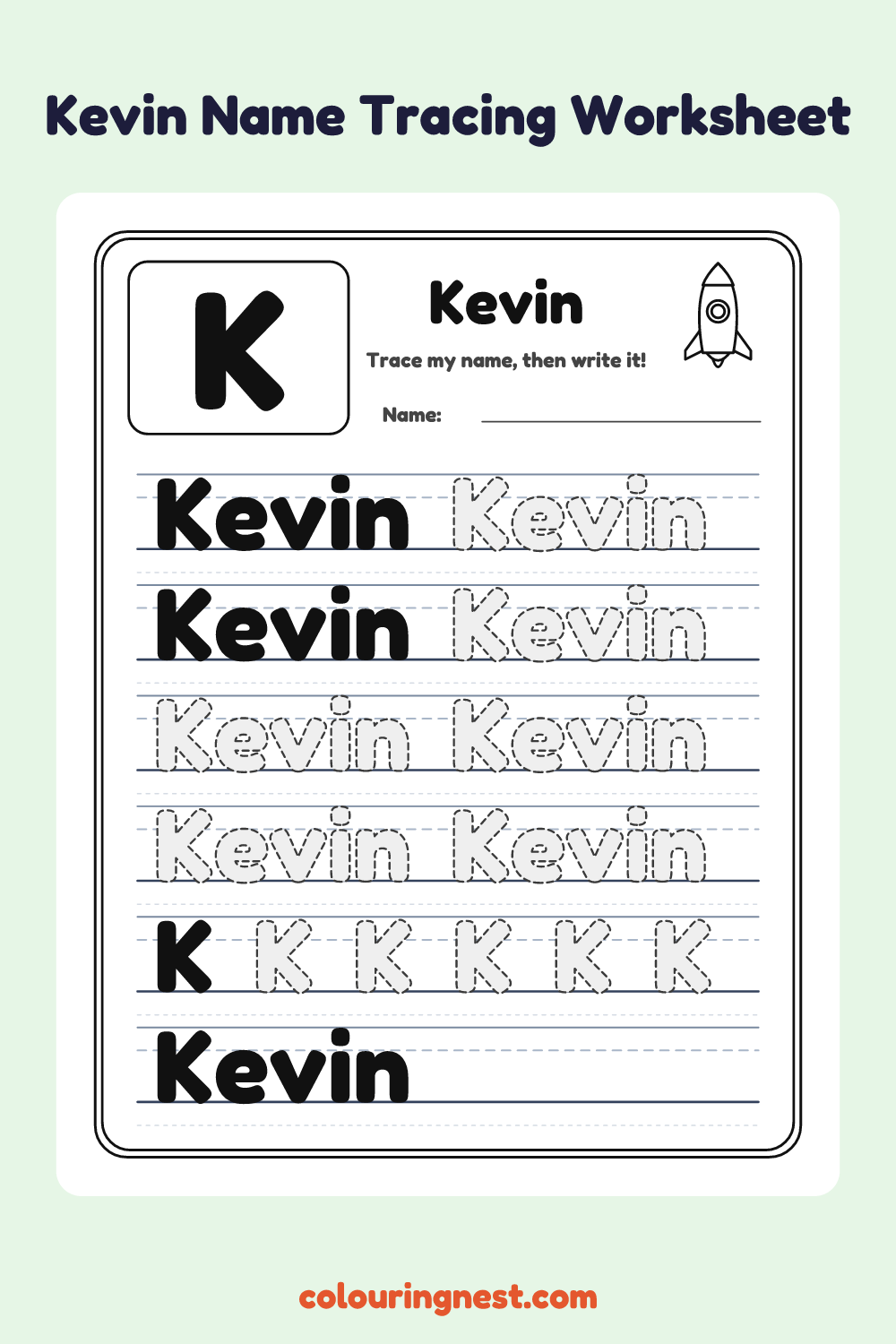 Kevin Name Tracing Worksheet: free printable black-and-white line art