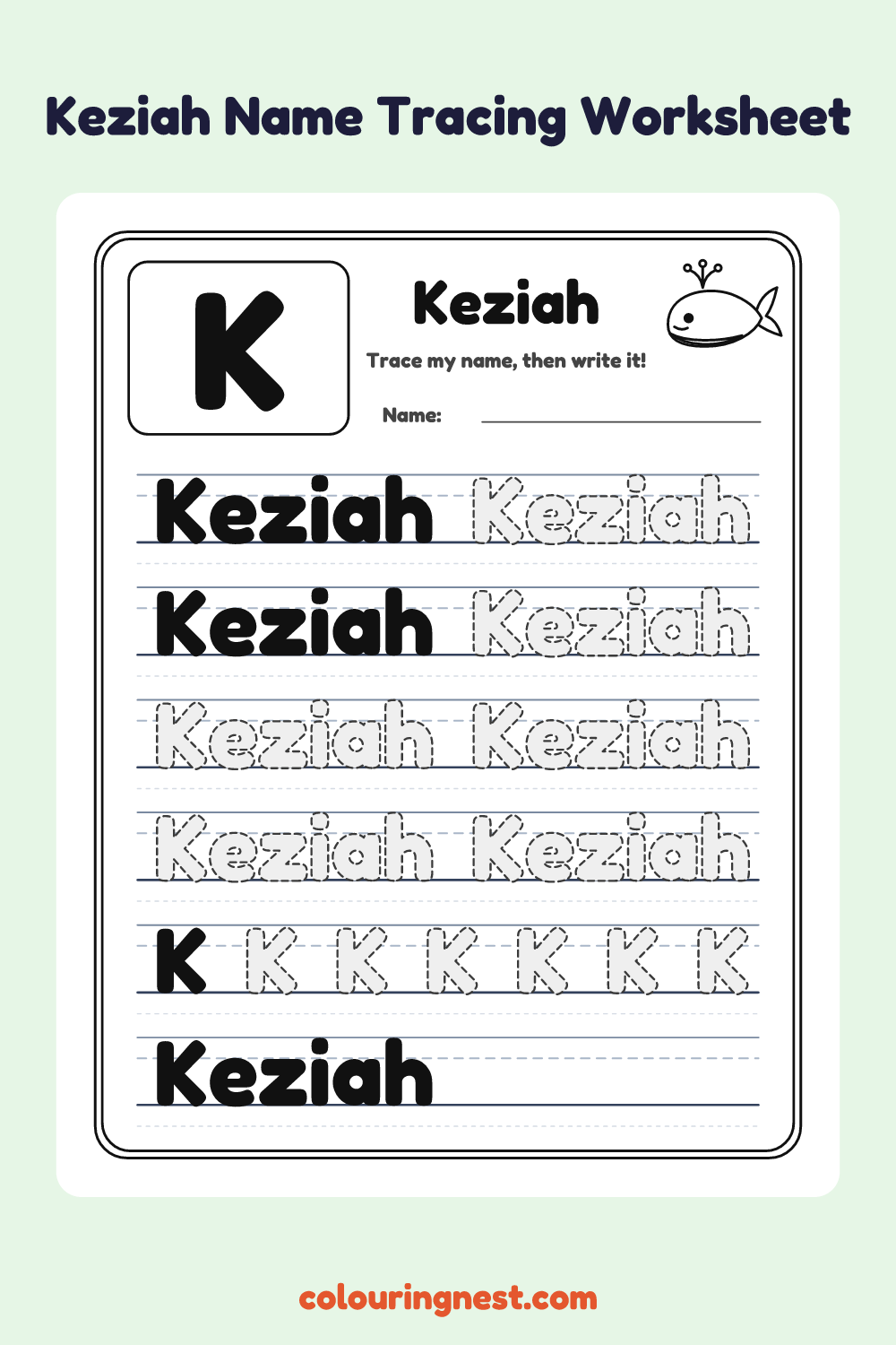 Keziah Name Tracing Worksheet: free printable black-and-white line art