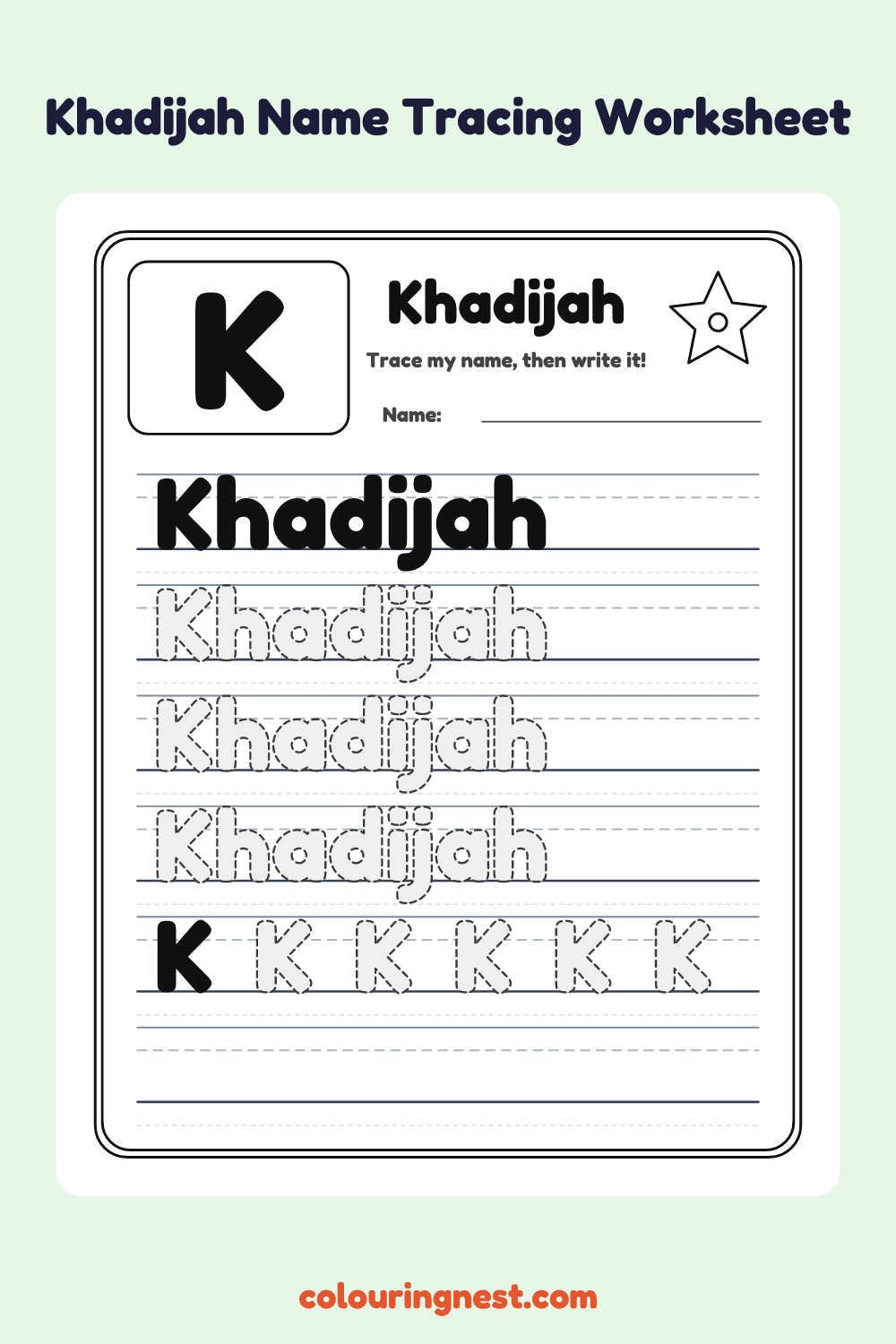 Khadijah Name Tracing Worksheet: free printable black-and-white line art