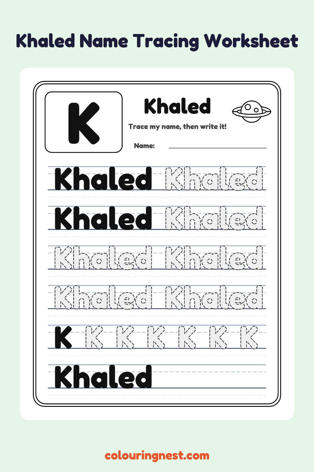 Khaled Name Tracing Worksheet: free printable black-and-white line art