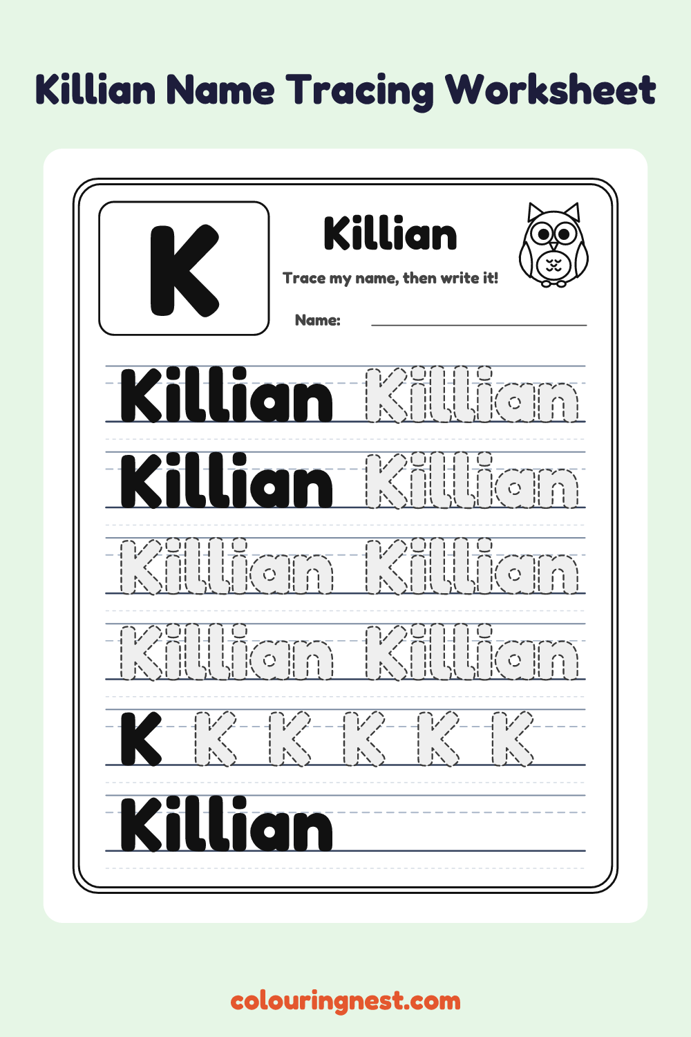 Killian Name Tracing Worksheet: free printable black-and-white line art